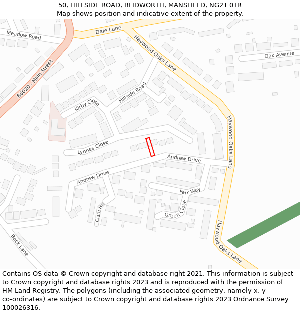 50, HILLSIDE ROAD, BLIDWORTH, MANSFIELD, NG21 0TR: Location map and indicative extent of plot