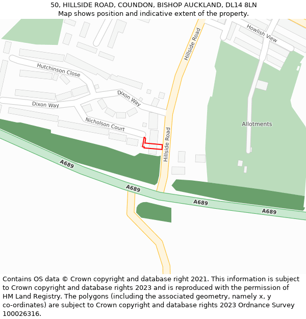 50, HILLSIDE ROAD, COUNDON, BISHOP AUCKLAND, DL14 8LN: Location map and indicative extent of plot