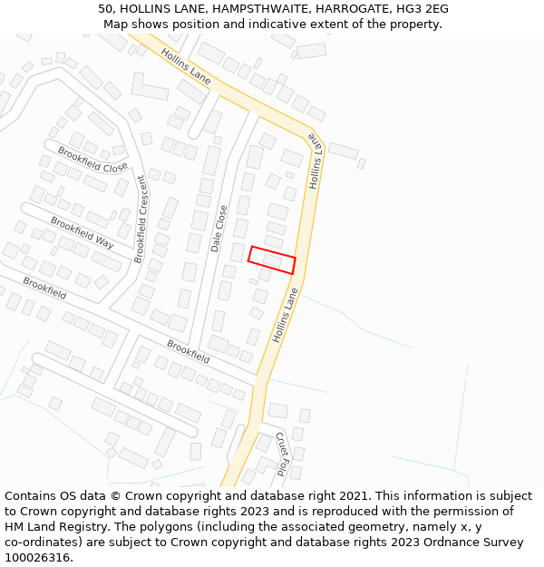 50, HOLLINS LANE, HAMPSTHWAITE, HARROGATE, HG3 2EG: Location map and indicative extent of plot