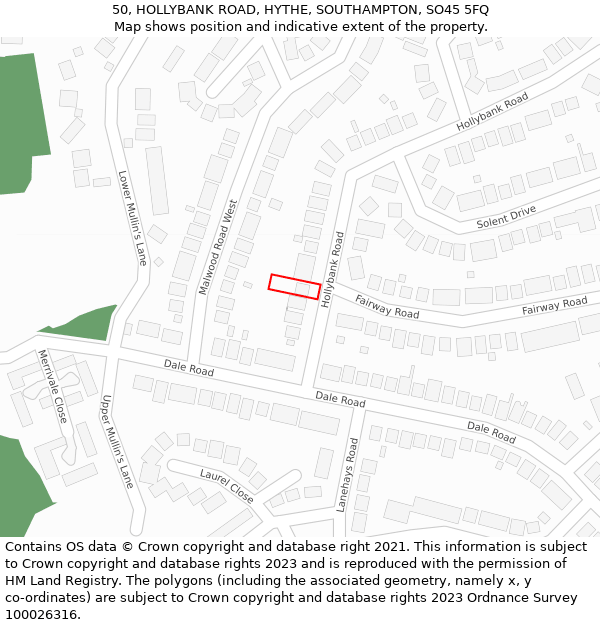 50, HOLLYBANK ROAD, HYTHE, SOUTHAMPTON, SO45 5FQ: Location map and indicative extent of plot