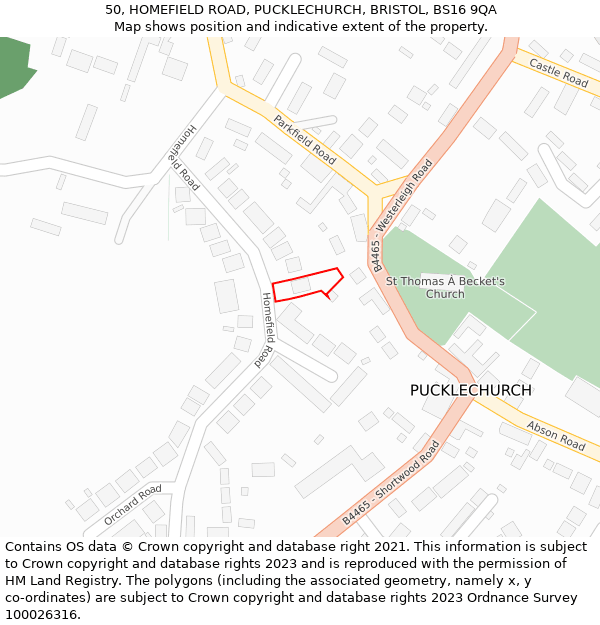 50, HOMEFIELD ROAD, PUCKLECHURCH, BRISTOL, BS16 9QA: Location map and indicative extent of plot