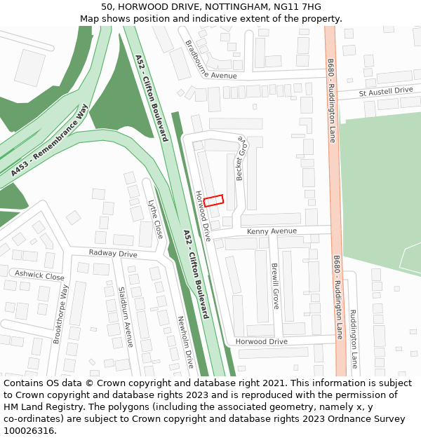 50, HORWOOD DRIVE, NOTTINGHAM, NG11 7HG: Location map and indicative extent of plot