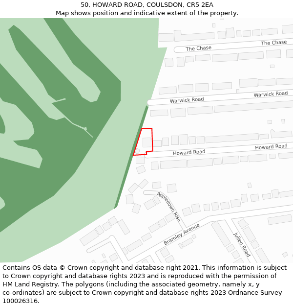 50, HOWARD ROAD, COULSDON, CR5 2EA: Location map and indicative extent of plot