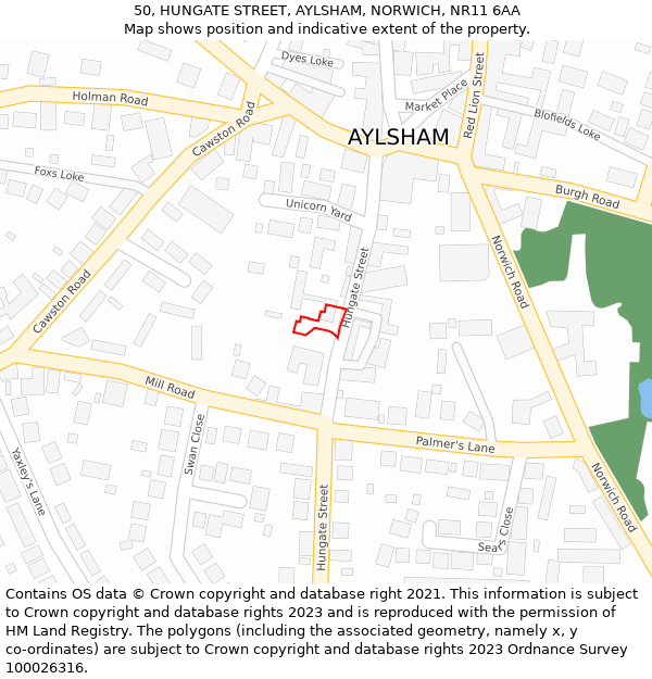 50, HUNGATE STREET, AYLSHAM, NORWICH, NR11 6AA: Location map and indicative extent of plot