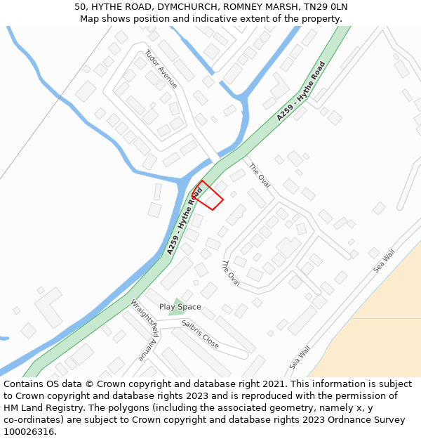 50, HYTHE ROAD, DYMCHURCH, ROMNEY MARSH, TN29 0LN: Location map and indicative extent of plot