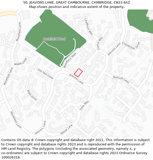 50, JEAVONS LANE, GREAT CAMBOURNE, CAMBRIDGE, CB23 6AZ: Location map and indicative extent of plot