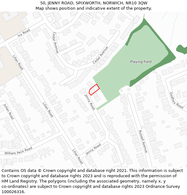 50, JENNY ROAD, SPIXWORTH, NORWICH, NR10 3QW: Location map and indicative extent of plot