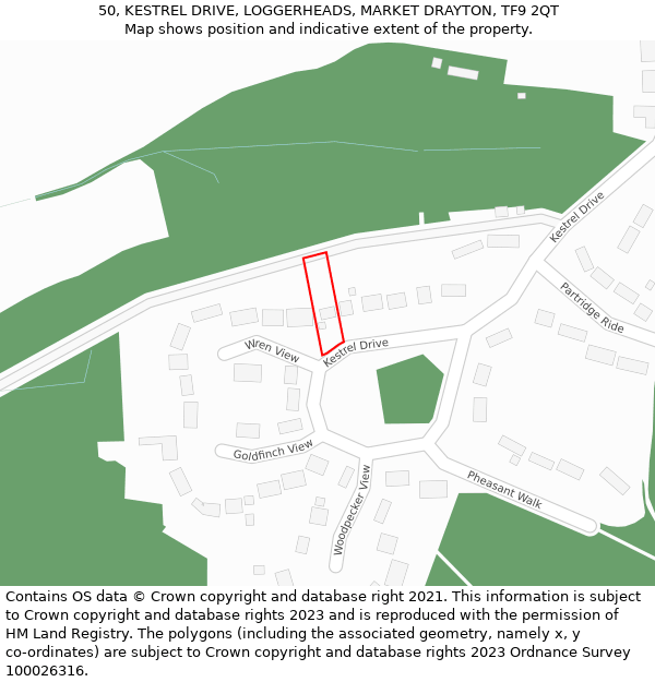 50, KESTREL DRIVE, LOGGERHEADS, MARKET DRAYTON, TF9 2QT: Location map and indicative extent of plot