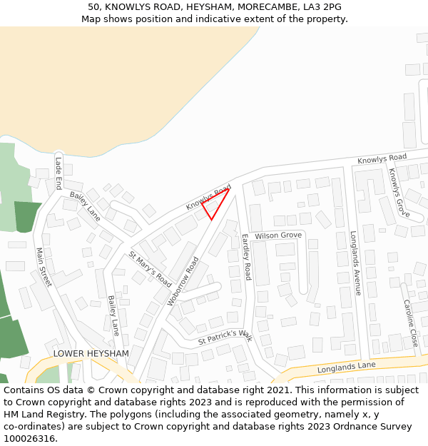 50, KNOWLYS ROAD, HEYSHAM, MORECAMBE, LA3 2PG: Location map and indicative extent of plot