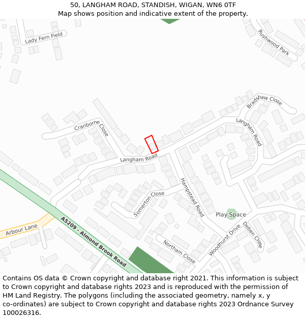 50, LANGHAM ROAD, STANDISH, WIGAN, WN6 0TF: Location map and indicative extent of plot