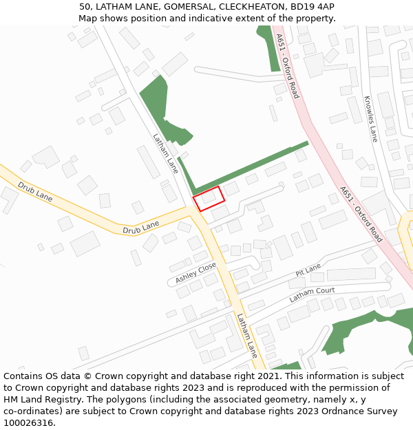 50, LATHAM LANE, GOMERSAL, CLECKHEATON, BD19 4AP: Location map and indicative extent of plot