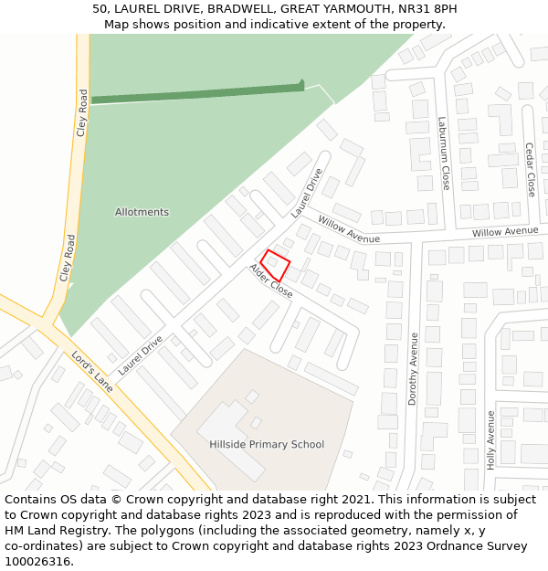 50, LAUREL DRIVE, BRADWELL, GREAT YARMOUTH, NR31 8PH: Location map and indicative extent of plot