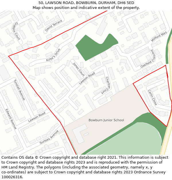 50, LAWSON ROAD, BOWBURN, DURHAM, DH6 5ED: Location map and indicative extent of plot