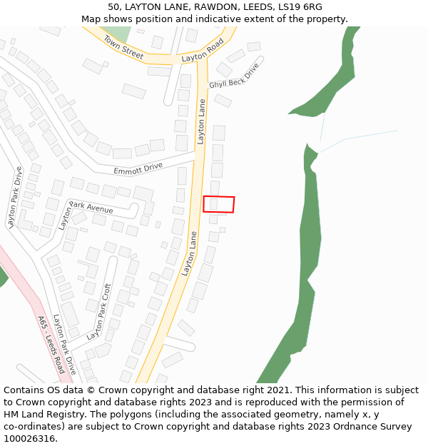 50, LAYTON LANE, RAWDON, LEEDS, LS19 6RG: Location map and indicative extent of plot