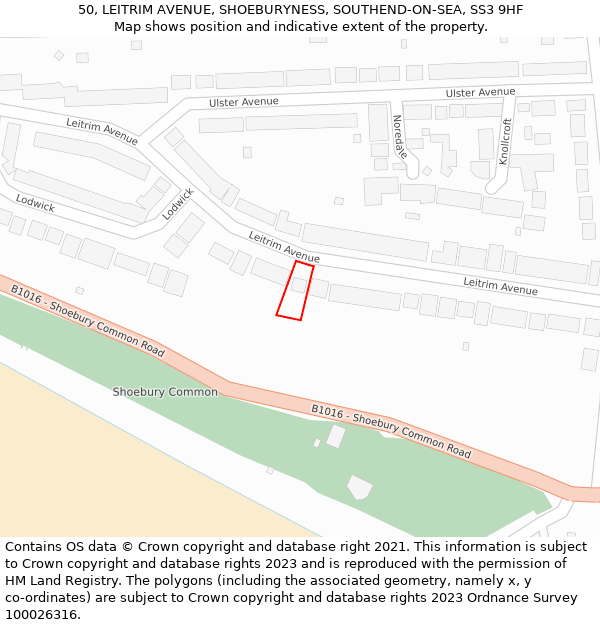 50, LEITRIM AVENUE, SHOEBURYNESS, SOUTHEND-ON-SEA, SS3 9HF: Location map and indicative extent of plot