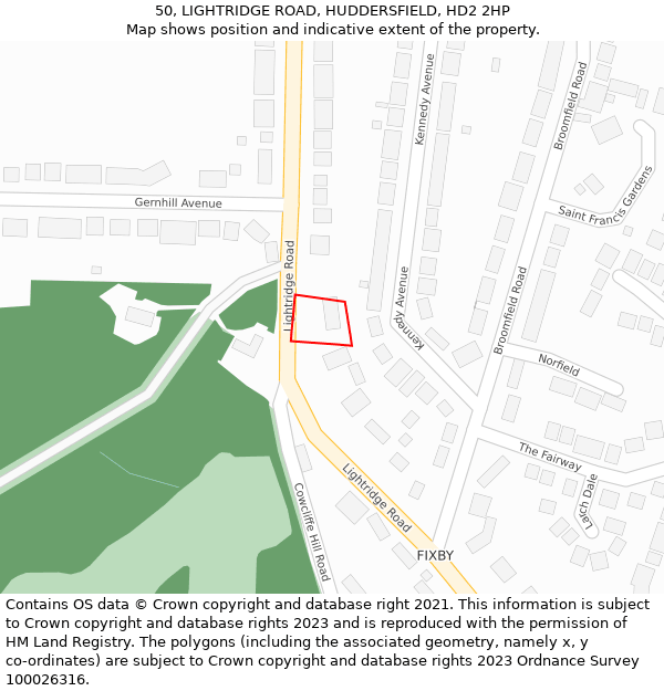 50, LIGHTRIDGE ROAD, HUDDERSFIELD, HD2 2HP: Location map and indicative extent of plot