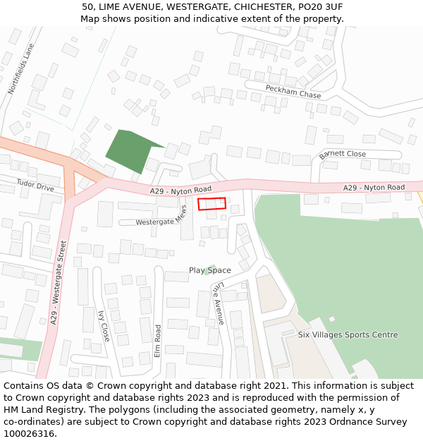 50, LIME AVENUE, WESTERGATE, CHICHESTER, PO20 3UF: Location map and indicative extent of plot