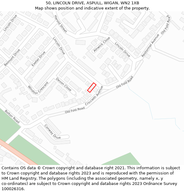 50, LINCOLN DRIVE, ASPULL, WIGAN, WN2 1XB: Location map and indicative extent of plot