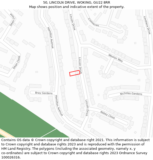 50, LINCOLN DRIVE, WOKING, GU22 8RR: Location map and indicative extent of plot