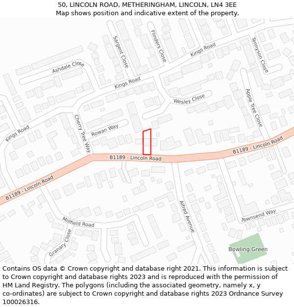 50, LINCOLN ROAD, METHERINGHAM, LINCOLN, LN4 3EE: Location map and indicative extent of plot