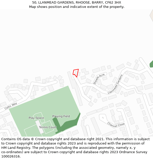 50, LLANMEAD GARDENS, RHOOSE, BARRY, CF62 3HX: Location map and indicative extent of plot