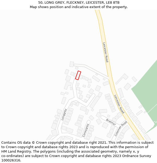 50, LONG GREY, FLECKNEY, LEICESTER, LE8 8TB: Location map and indicative extent of plot