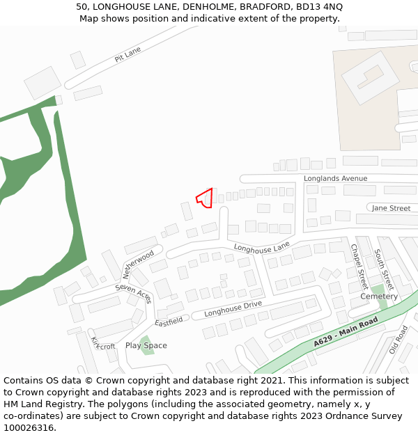 50, LONGHOUSE LANE, DENHOLME, BRADFORD, BD13 4NQ: Location map and indicative extent of plot