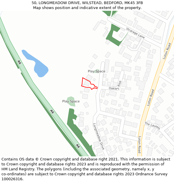 50, LONGMEADOW DRIVE, WILSTEAD, BEDFORD, MK45 3FB: Location map and indicative extent of plot