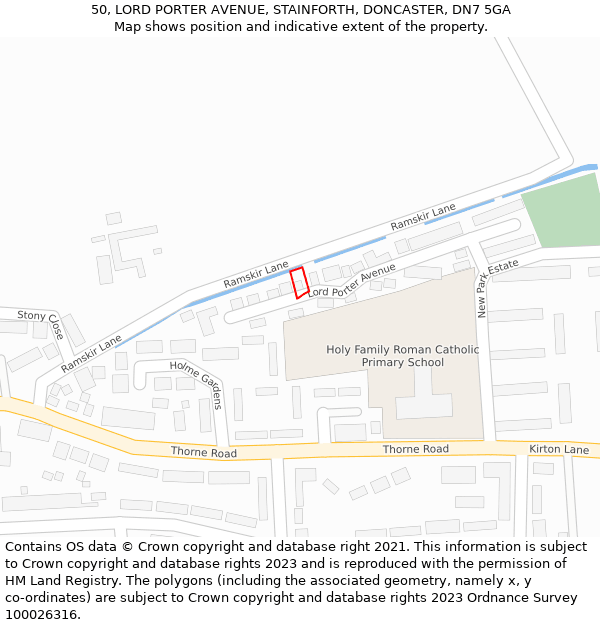50, LORD PORTER AVENUE, STAINFORTH, DONCASTER, DN7 5GA: Location map and indicative extent of plot