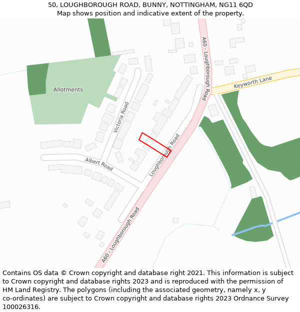 50, LOUGHBOROUGH ROAD, BUNNY, NOTTINGHAM, NG11 6QD: Location map and indicative extent of plot