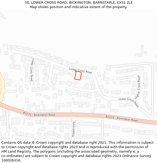 50, LOWER CROSS ROAD, BICKINGTON, BARNSTAPLE, EX31 2LE: Location map and indicative extent of plot
