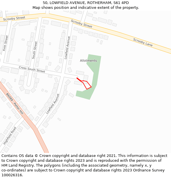 50, LOWFIELD AVENUE, ROTHERHAM, S61 4PD: Location map and indicative extent of plot