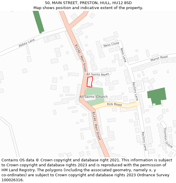 50, MAIN STREET, PRESTON, HULL, HU12 8SD: Location map and indicative extent of plot