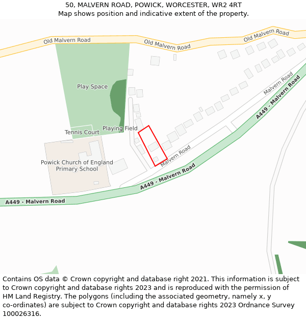 50, MALVERN ROAD, POWICK, WORCESTER, WR2 4RT: Location map and indicative extent of plot