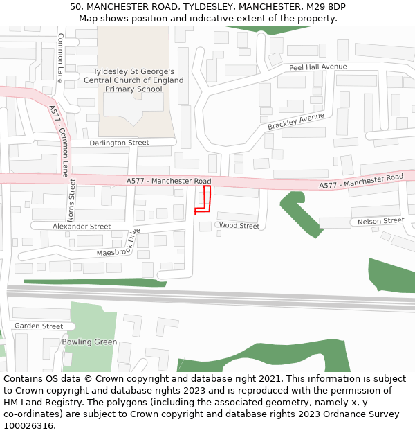 50, MANCHESTER ROAD, TYLDESLEY, MANCHESTER, M29 8DP: Location map and indicative extent of plot