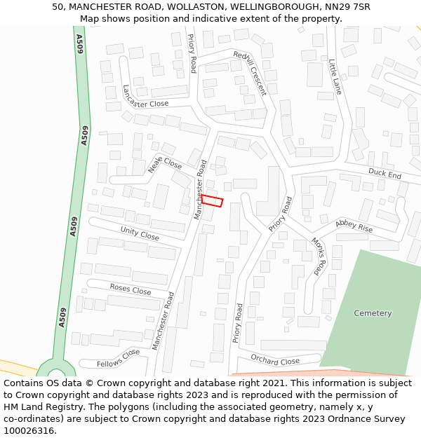 50, MANCHESTER ROAD, WOLLASTON, WELLINGBOROUGH, NN29 7SR: Location map and indicative extent of plot