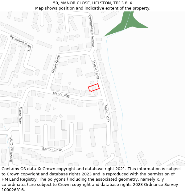 50, MANOR CLOSE, HELSTON, TR13 8LX: Location map and indicative extent of plot