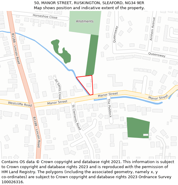 50, MANOR STREET, RUSKINGTON, SLEAFORD, NG34 9ER: Location map and indicative extent of plot