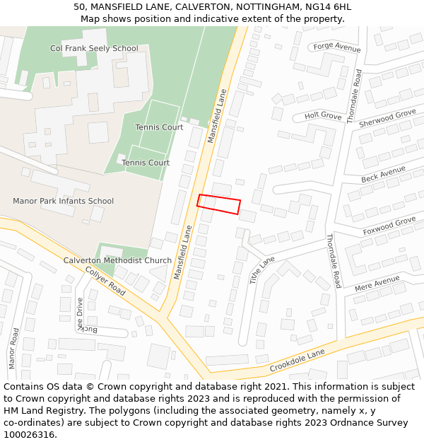 50, MANSFIELD LANE, CALVERTON, NOTTINGHAM, NG14 6HL: Location map and indicative extent of plot