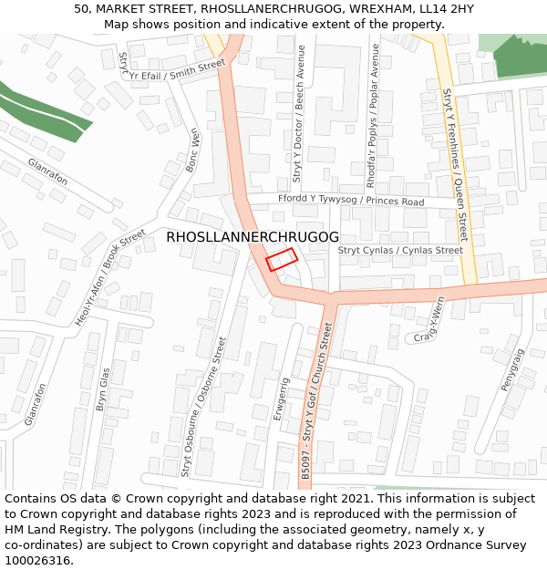 50, MARKET STREET, RHOSLLANERCHRUGOG, WREXHAM, LL14 2HY: Location map and indicative extent of plot