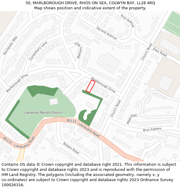 50, MARLBOROUGH DRIVE, RHOS ON SEA, COLWYN BAY, LL28 4RQ: Location map and indicative extent of plot