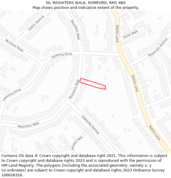 50, MASHITERS WALK, ROMFORD, RM1 4BX: Location map and indicative extent of plot