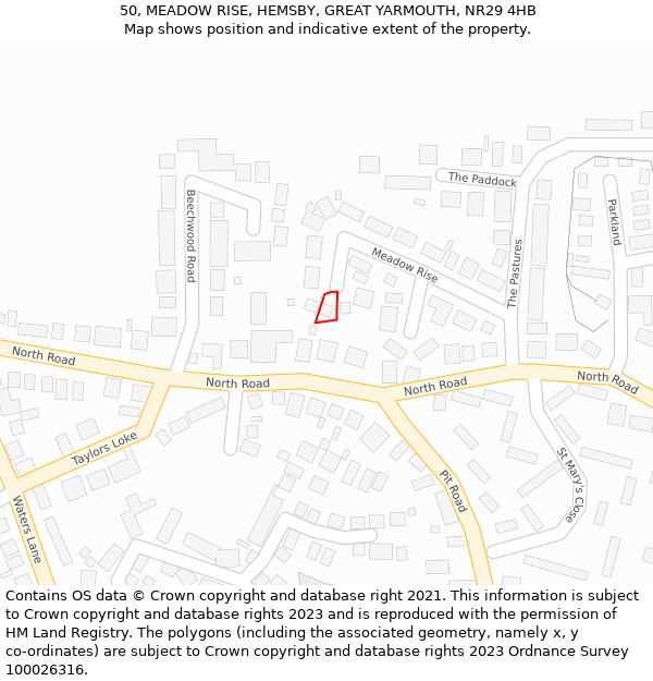 50, MEADOW RISE, HEMSBY, GREAT YARMOUTH, NR29 4HB: Location map and indicative extent of plot