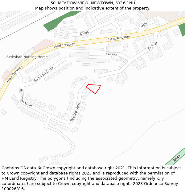 50, MEADOW VIEW, NEWTOWN, SY16 1NU: Location map and indicative extent of plot