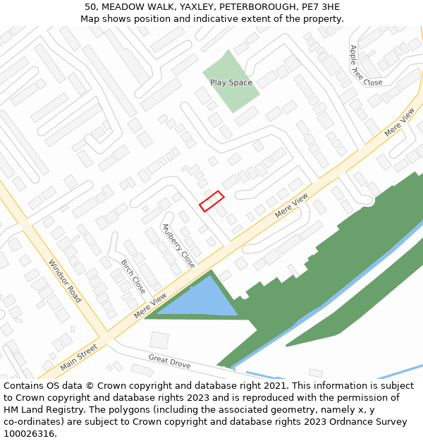 50, MEADOW WALK, YAXLEY, PETERBOROUGH, PE7 3HE: Location map and indicative extent of plot