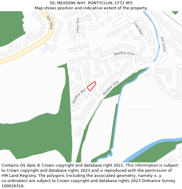 50, MEADOW WAY, PONTYCLUN, CF72 9FS: Location map and indicative extent of plot