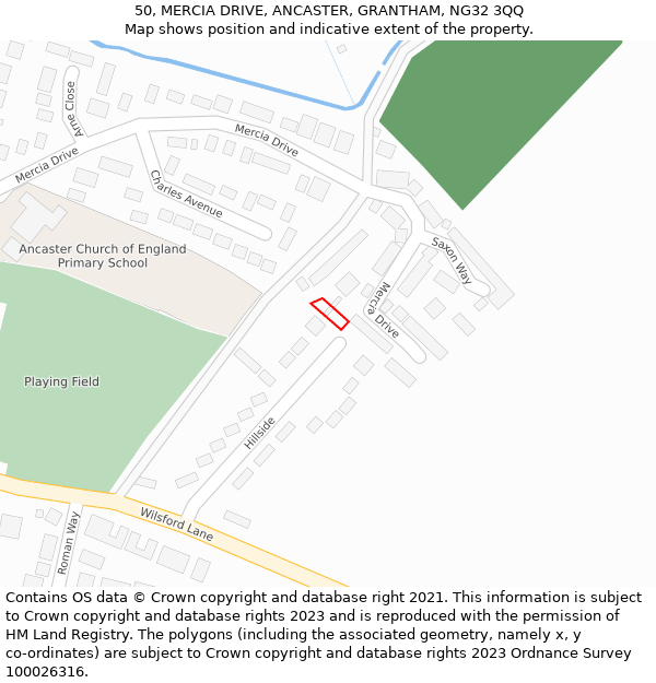 50, MERCIA DRIVE, ANCASTER, GRANTHAM, NG32 3QQ: Location map and indicative extent of plot