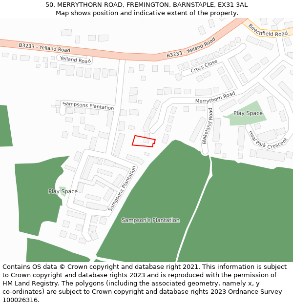 50, MERRYTHORN ROAD, FREMINGTON, BARNSTAPLE, EX31 3AL: Location map and indicative extent of plot