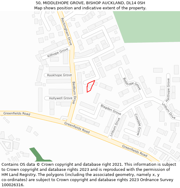 50, MIDDLEHOPE GROVE, BISHOP AUCKLAND, DL14 0SH: Location map and indicative extent of plot