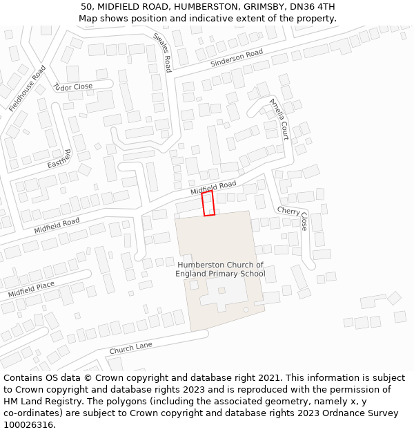 50, MIDFIELD ROAD, HUMBERSTON, GRIMSBY, DN36 4TH: Location map and indicative extent of plot